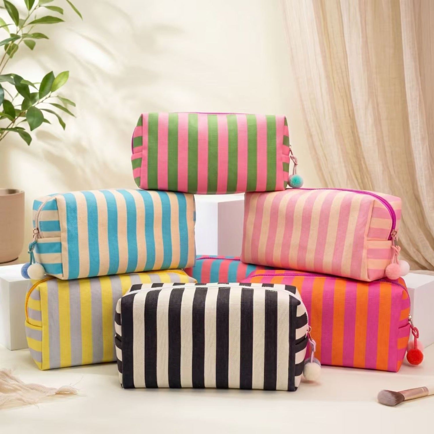 Striped, Lightweight, High-capacity Makeup Bag